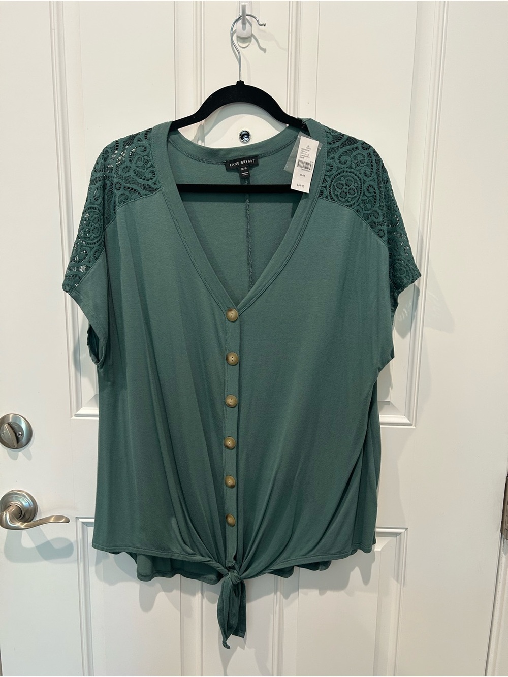 Lane Bryant Teal Green Button-Front Tie Hem Lace Sleeve Top